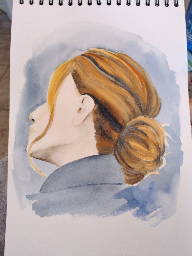 Woman, side view with head tipped, watercolor painting.