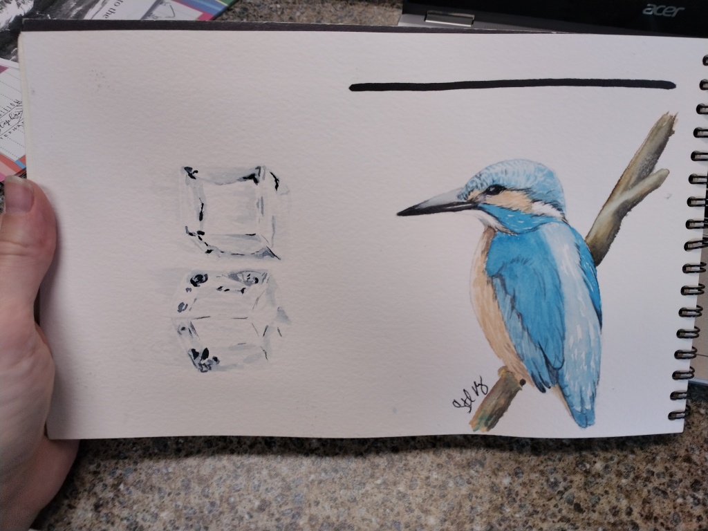 Ice Cubes and Blue bird painted in watercolor
