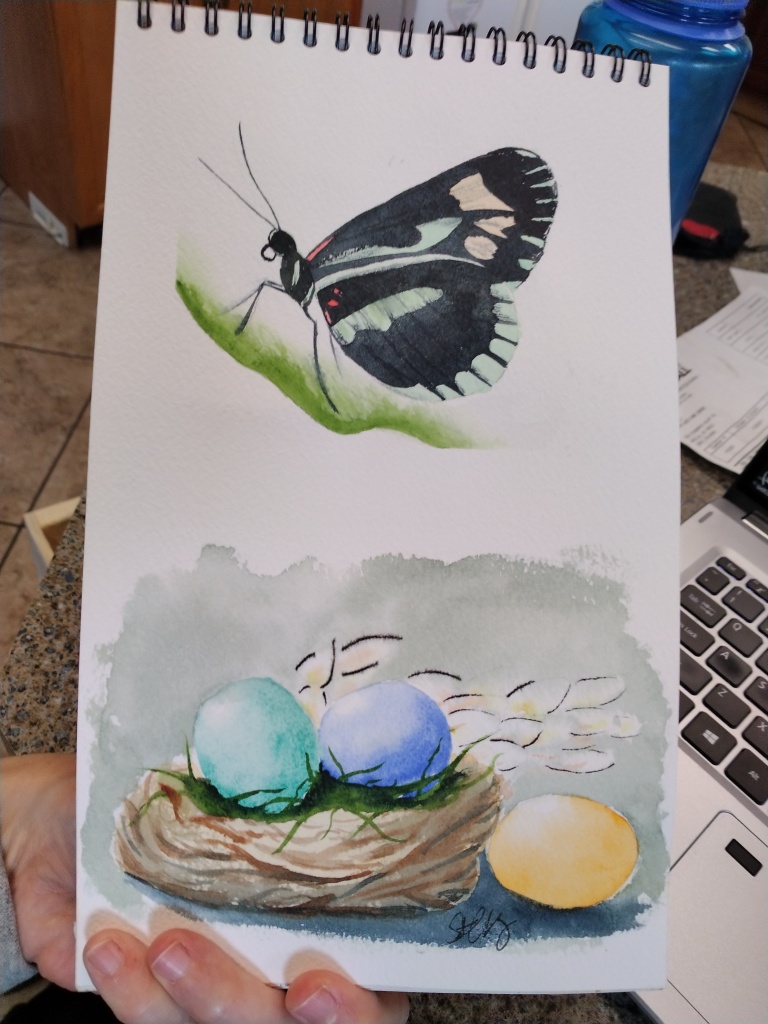 Butterfly and nest of eggs painted in watercolor