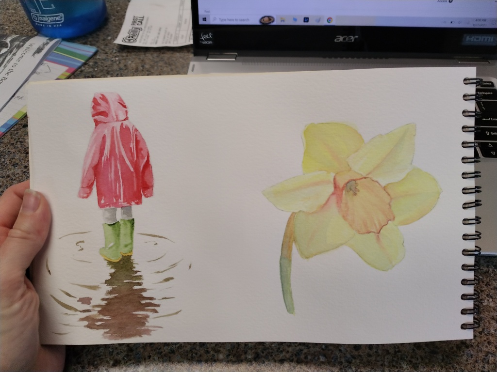 Little Girls splashing in puddles wearing a raincoat painted in watercolor and Yellow Daffodil painted in watercolor.