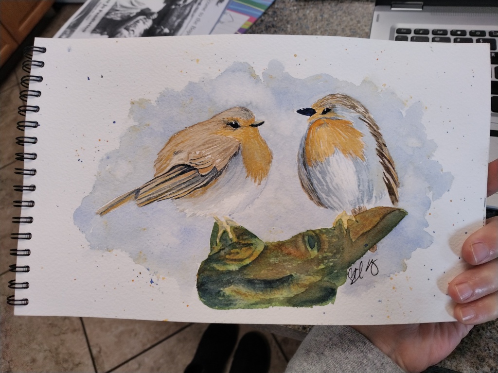 Love Birds sitting on a tree stump painted in watercolor