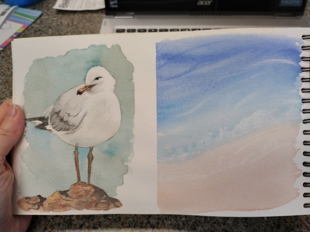 Seagull painted in watercolor.
Beach and waves painted in watercolor.