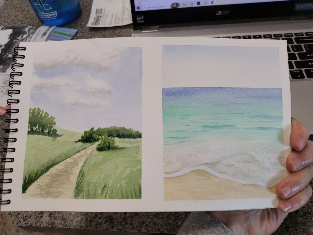 Dirt road through a farm field painted in watercolor.
Ocean waves on a beach painted in watercolor.