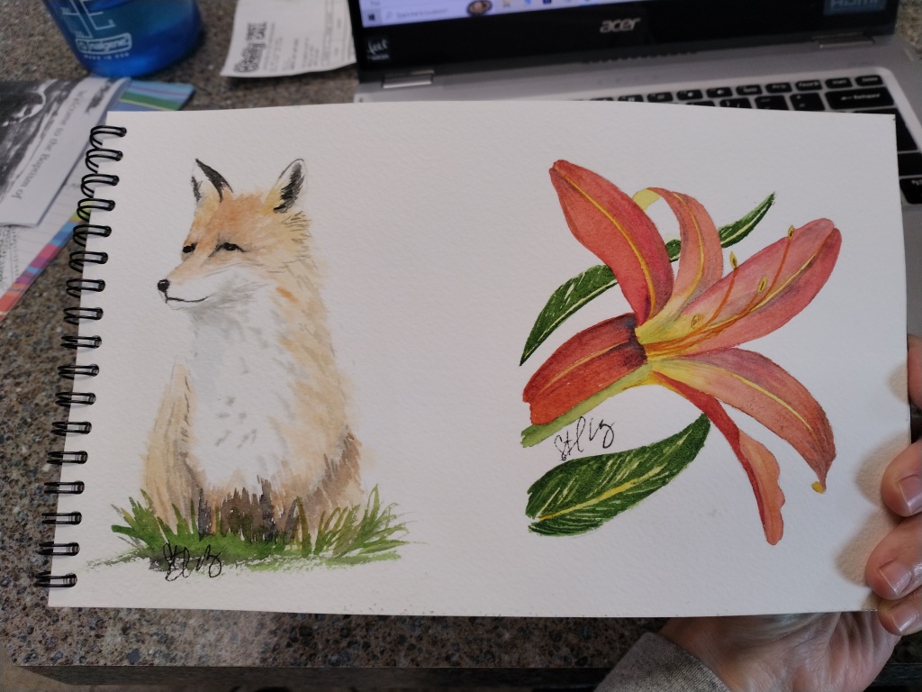 Red fox painted in watercolor. 
Red Lily painted in watercolor.