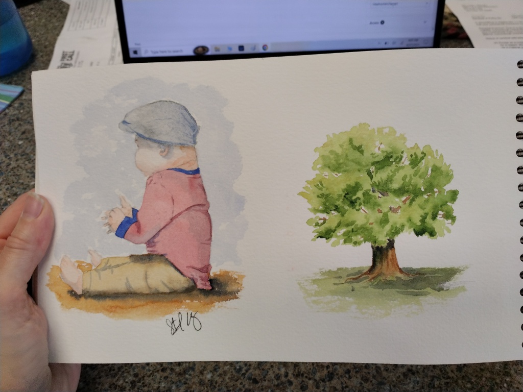Baby sitting on the beach, painted in watercolor.
Tree Painted in watercolor