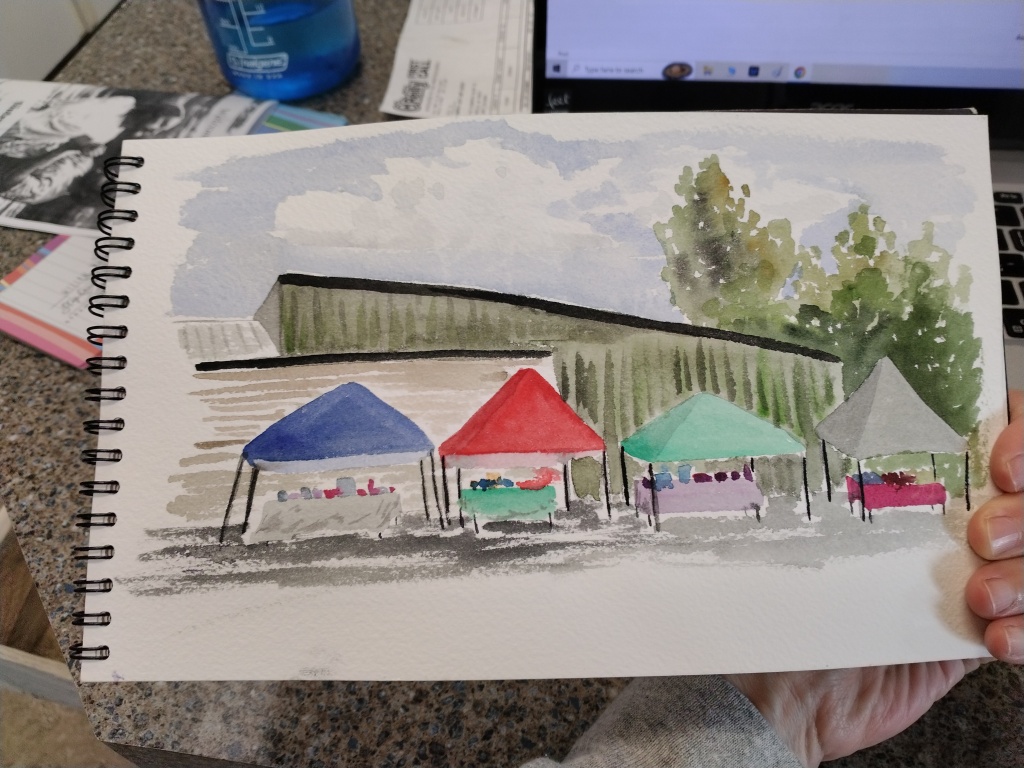 Plein air painting of the Willow Farmer's Market.  Painted in watercolor.