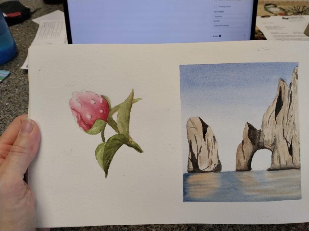 Rose bud with water droplets painted in watercolor.
Cliffs on the ocean painted in watercolor.