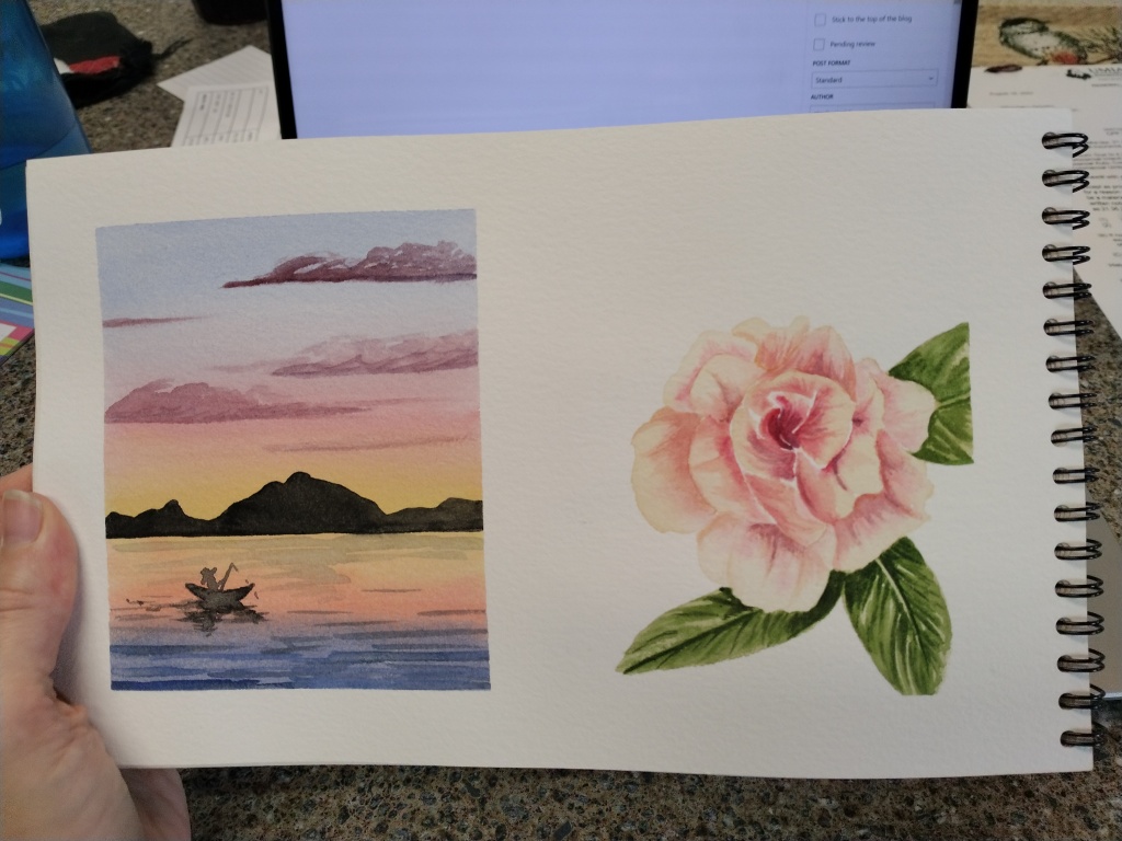 Fishing on a lake at sunset painted in watercolor.
Pink Rose painted in watercolor.