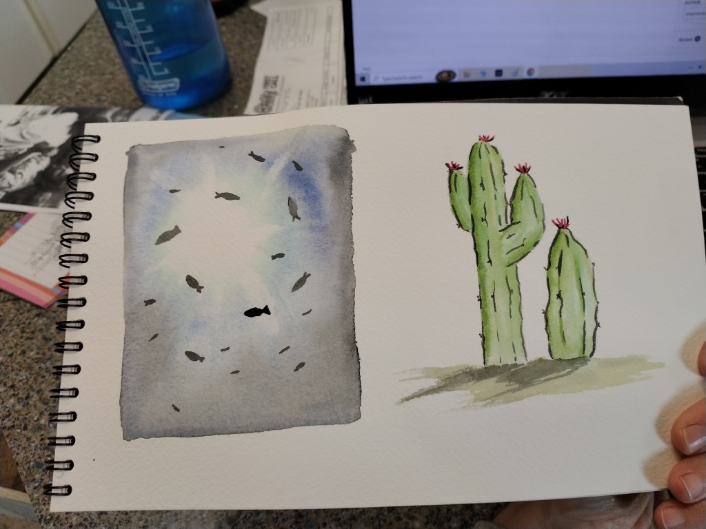 Underwater world painted in watercolor.
Cactus pals painted in watercolor.