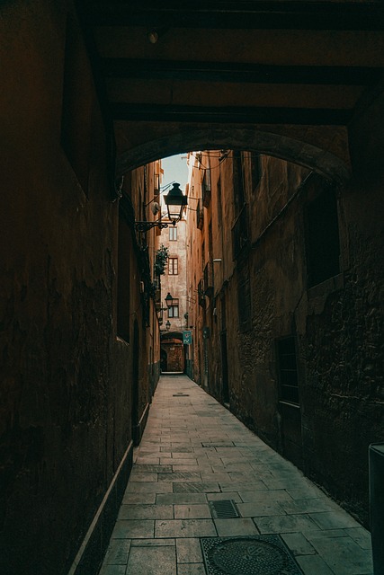 Dark alleyway with a door at the end