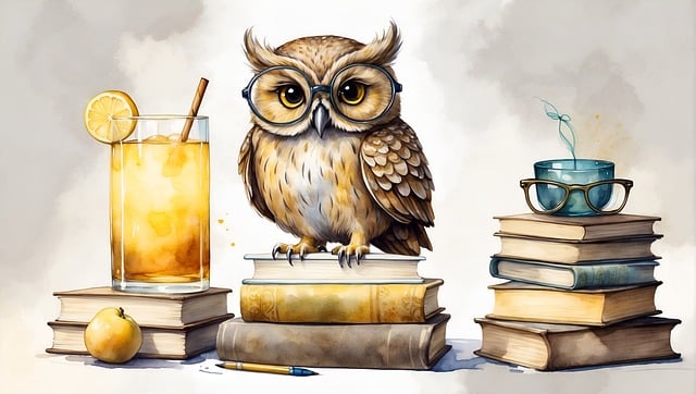 Owl with glasses on sitting on top of a stack of books.  Lemonade sitting on a stack of books, as well as coffee.